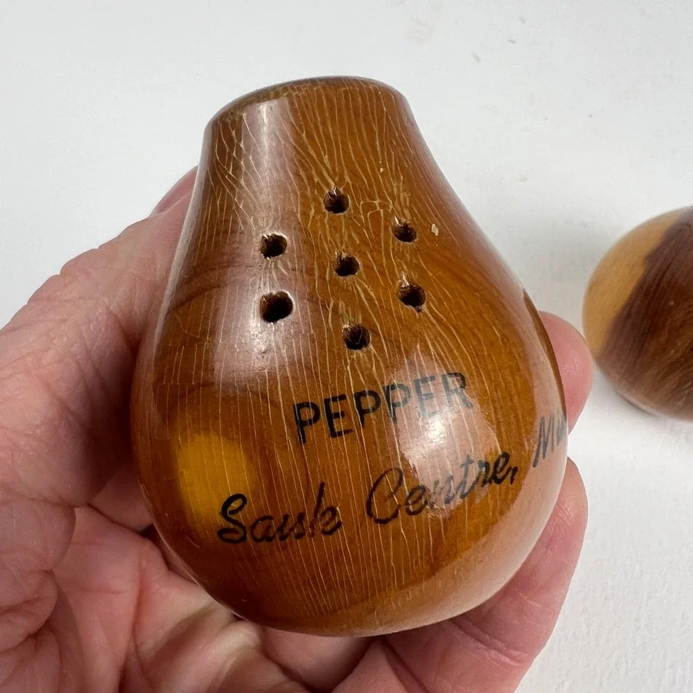 VTG Wooden Salt and Pepper Shakers Brown Wood Sauk Centre MN Souvenir